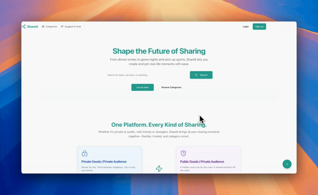 Screen recording exploring the ShareIt interface. It has a categories page, UI for stats, and a marketing landing page.