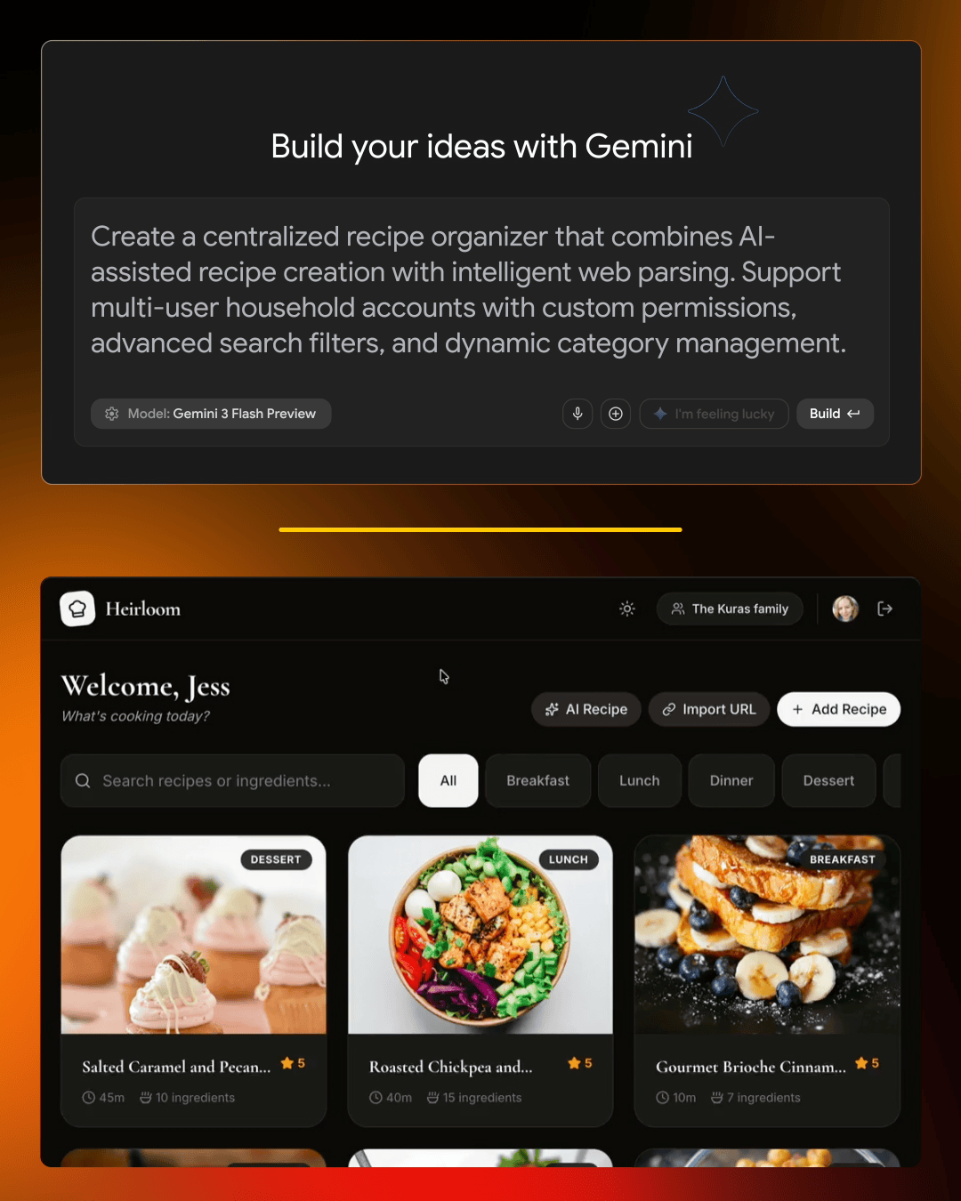 A screencast of a recipe app built with AI Studio
