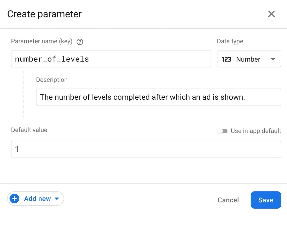 Screenshot of the Remote Config Parameter editor