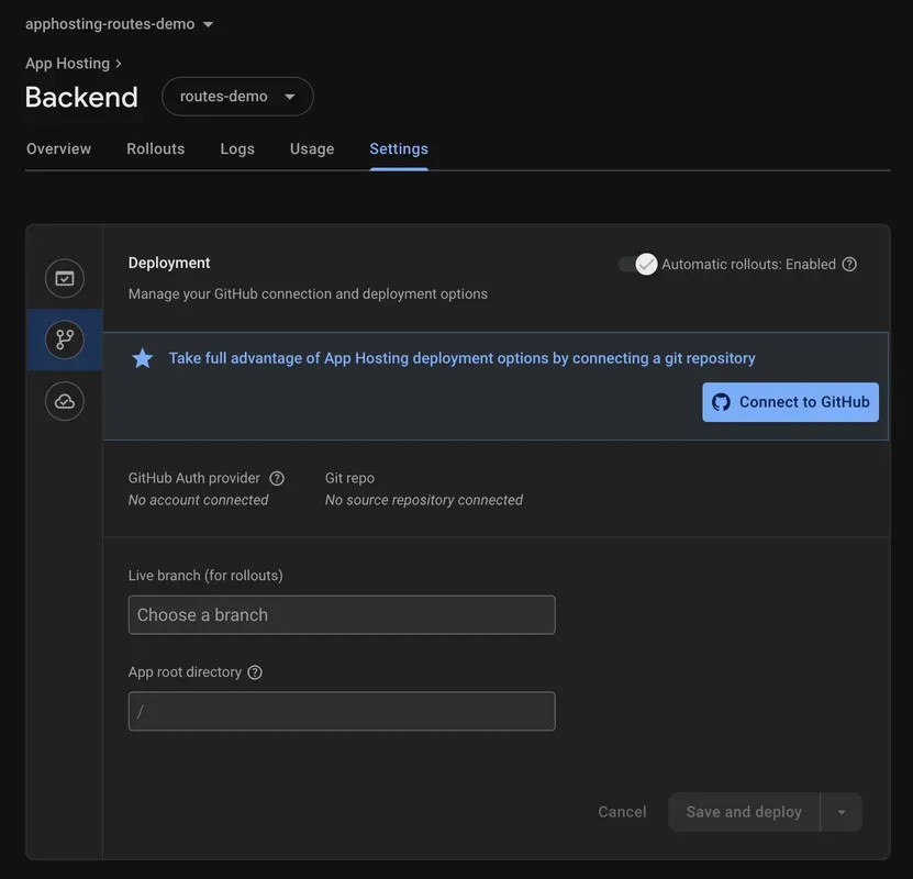 The Firebase console UI to connect a GitHub repository