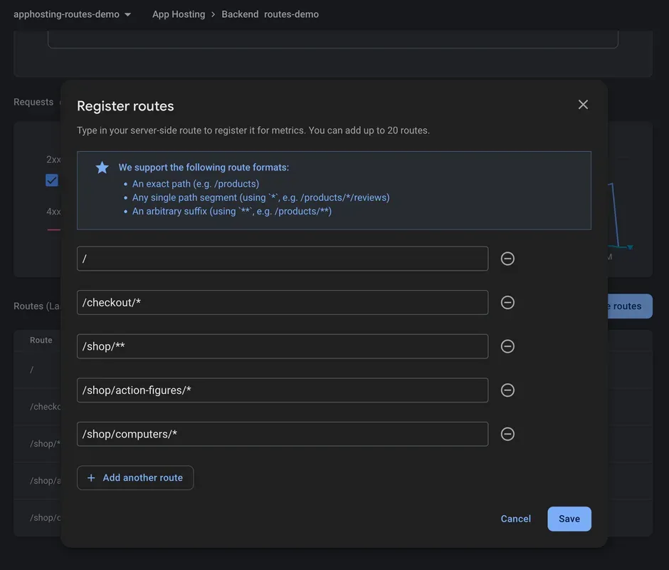 The UI to add routes in the Firebase console