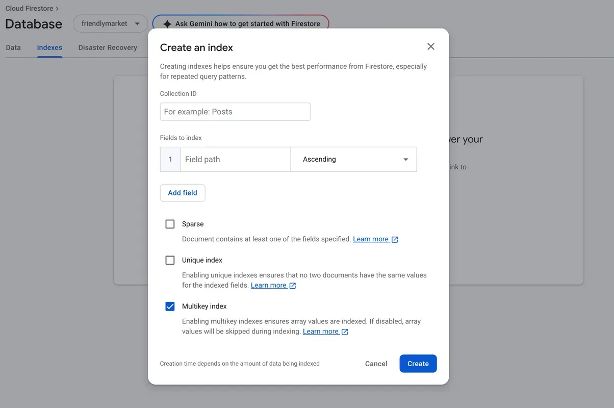 Firebase Console's new index creation UI