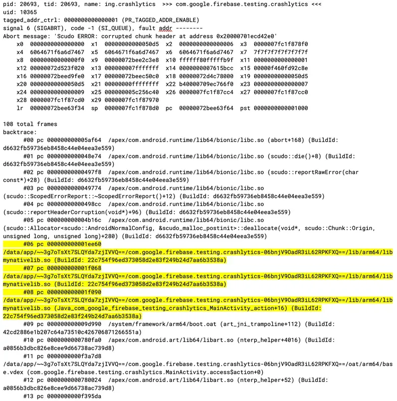 Snippet of a raw tombstone showing symbolicated system frames, but lack of application symbols and missing application frames likely due to inlining)