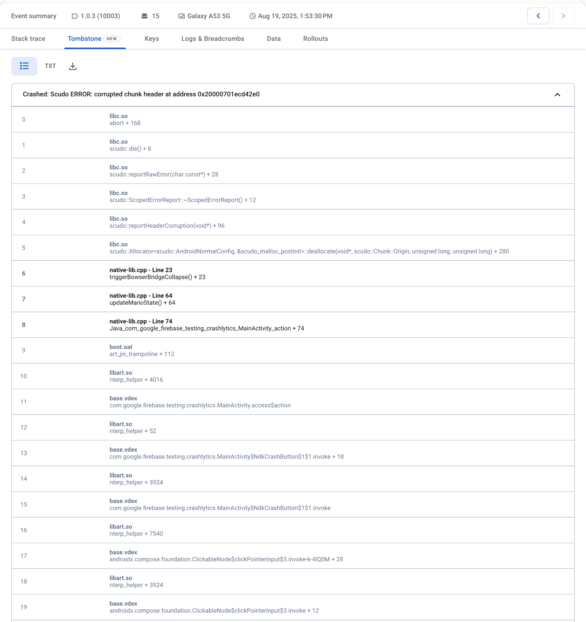Example of new symbolicated tombstone (processed by the Crashlytics pipeline)