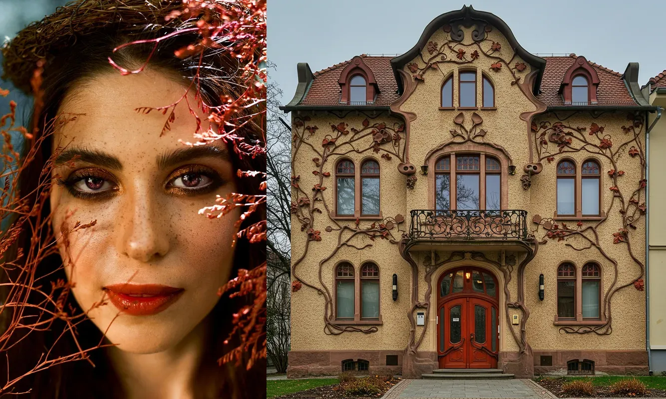 A creative portrait with plants matched to a house with vine decorations