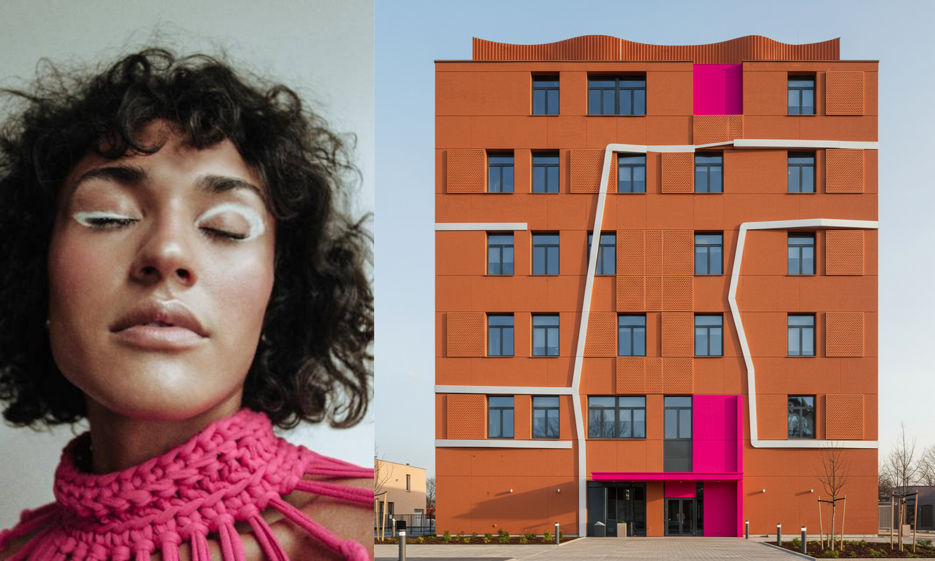 A subject with white eyeliner matched to a building with white accents