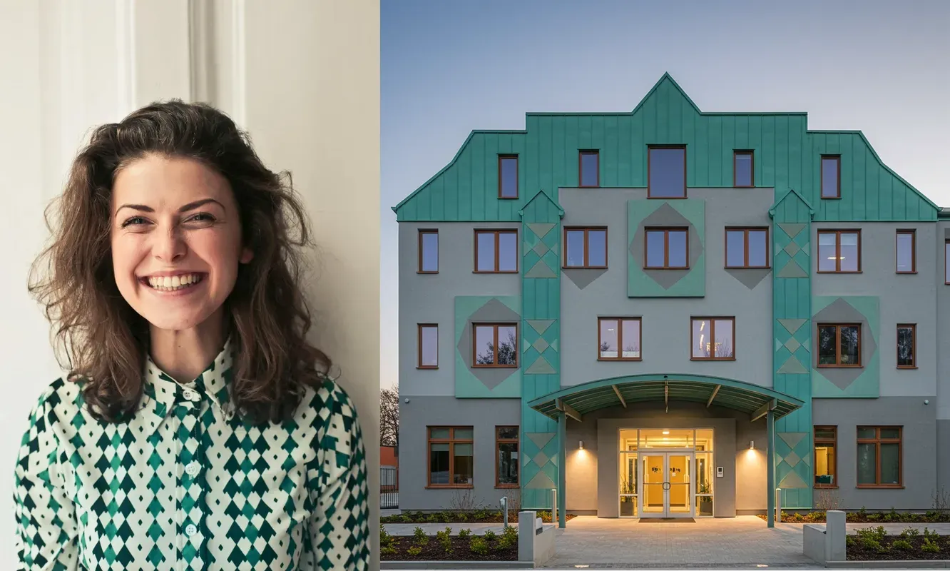 A building whose green diamonds match the subject's shirt pattern