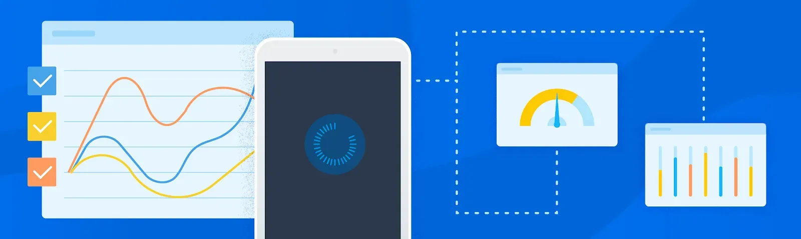 An illustrative blog header depicting a dashboard with a curvy line chart, a phone with a loading spinner, and a dial graph.