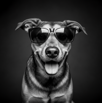 Black and white image of a dog wearing sunglasses