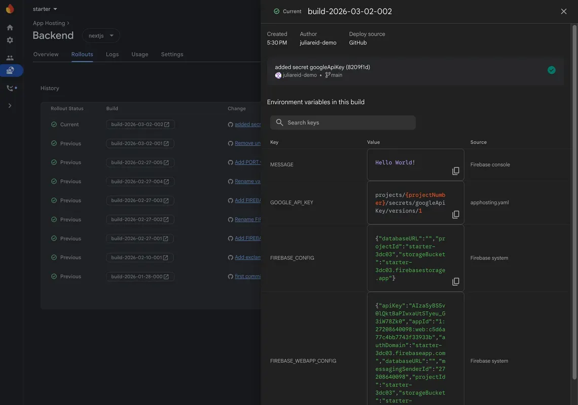 A screenshot of the details for a rollout, with an "Environment variables in this build" section.