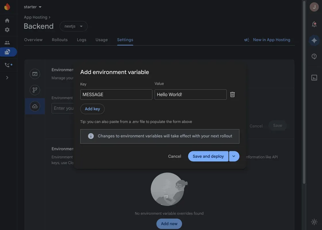 A screenshot of the "Environment" tab of the Settings page for an App Hosting backend, showing a new form for adding environment variables.
