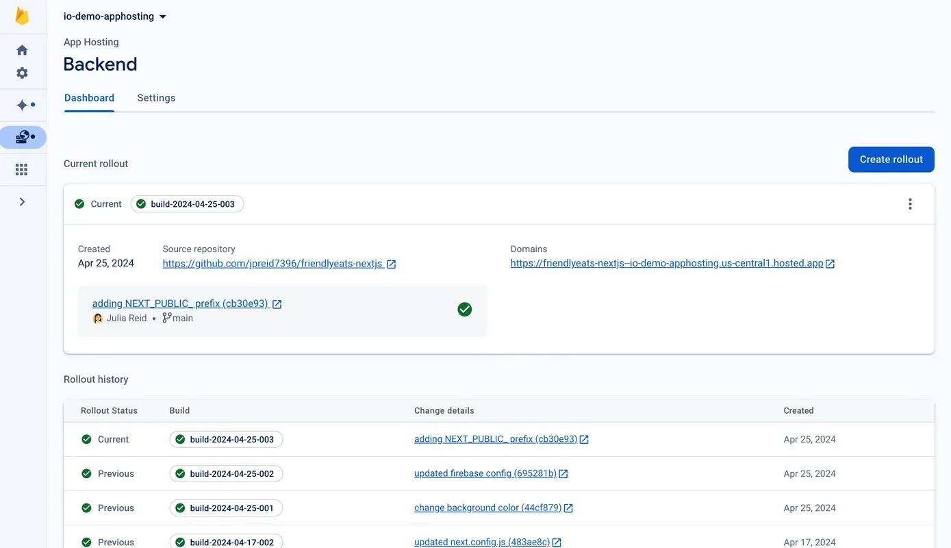 The App Hosting page in the Firebase console