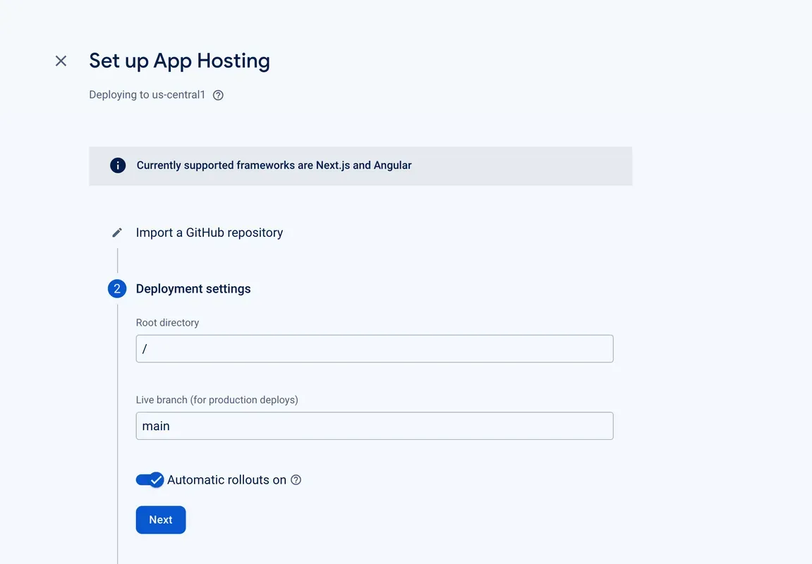 App Hosting setup wizard on step 2, with fields to configure deployment settings