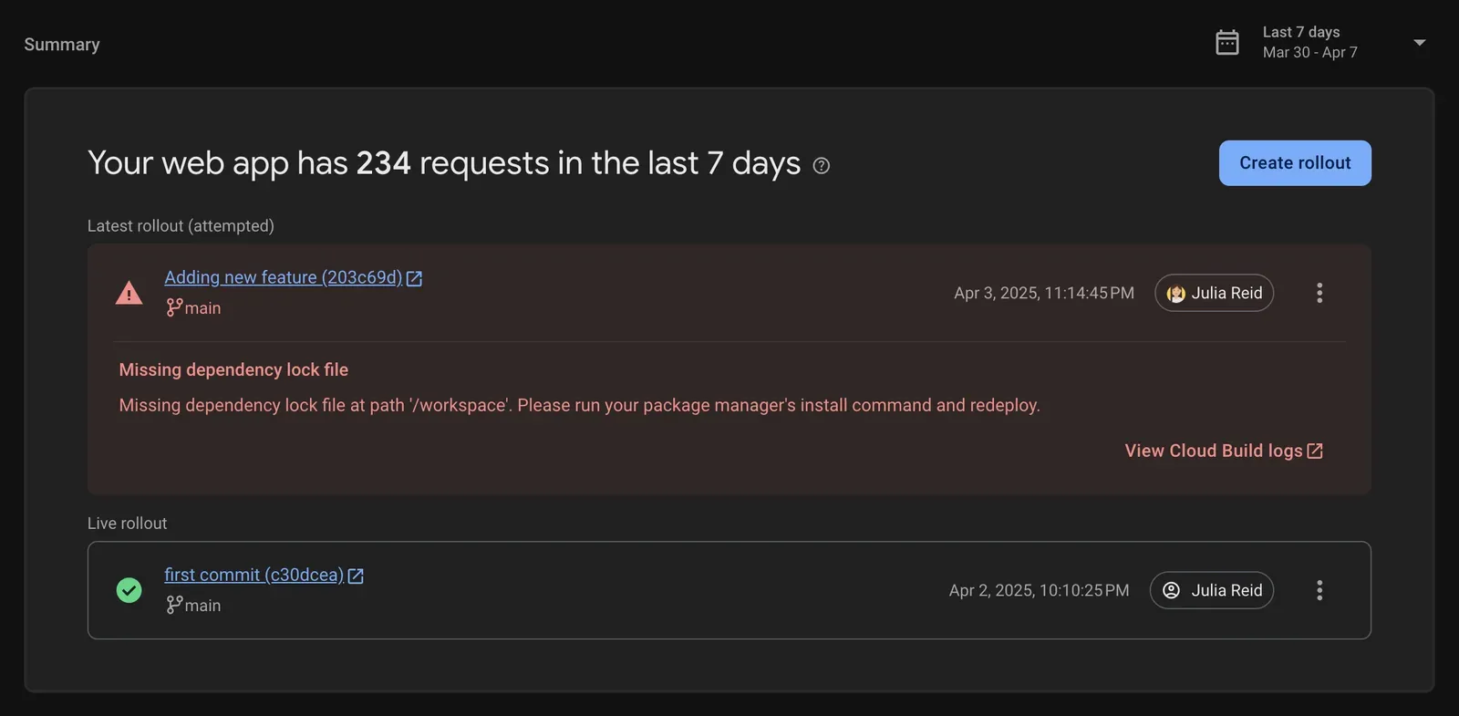 A screenshot of the App Hosting overview page showing a large red box with a warning about build errors