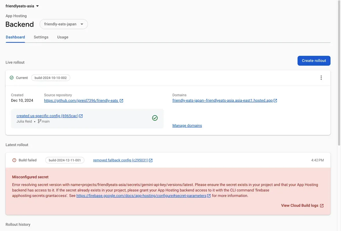 The App Hosting console showing a red card warning of a misconfigured secret. The card also has a link to Cloud Build logs.