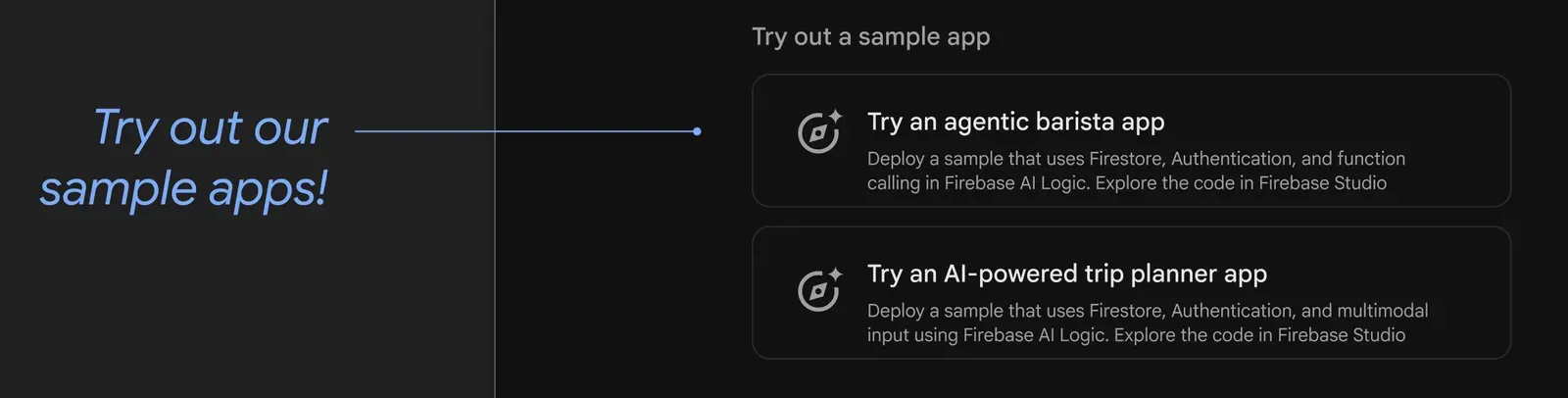 A zoomed-in view of the Firebase console project page to a section titled "Try out a sample app" with two AI-powered samples below.
