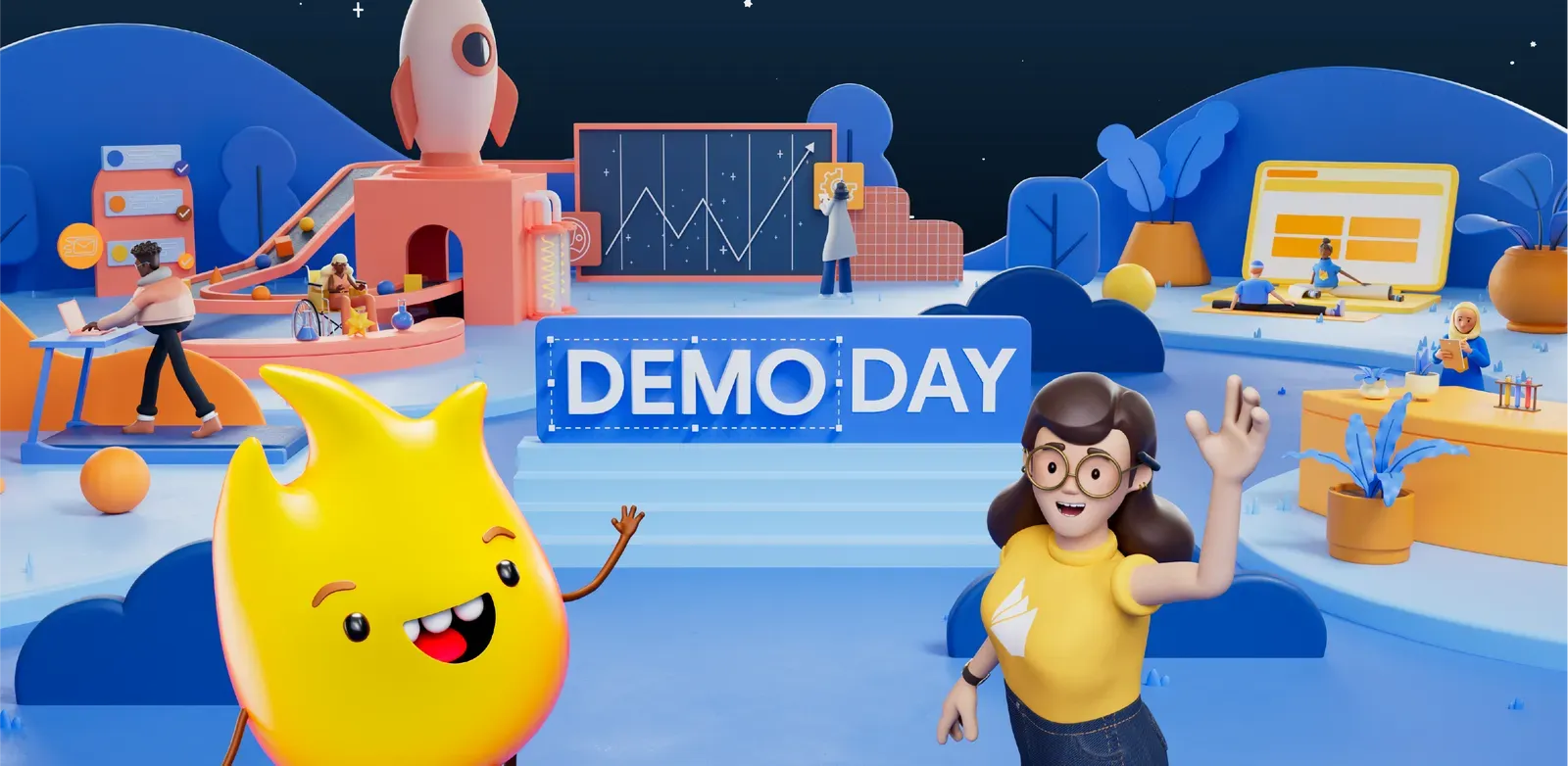Sparky and a developer welcoming you to demo day
