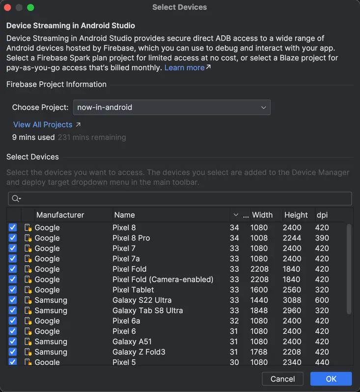 Screenshot showing the dialog in Android Studio that allows you to select devices for Device Streaming