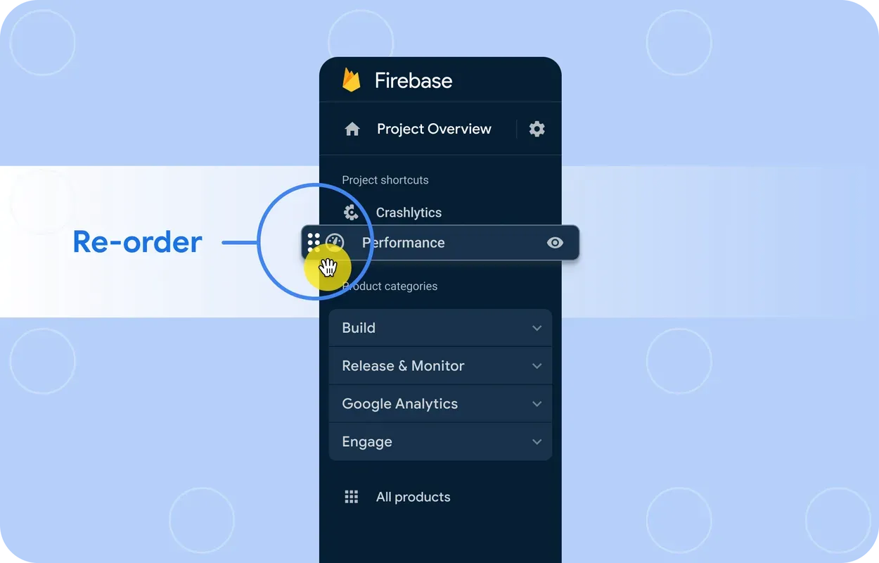 A graphic showing re-order icons for the the Firebase Console Navigation