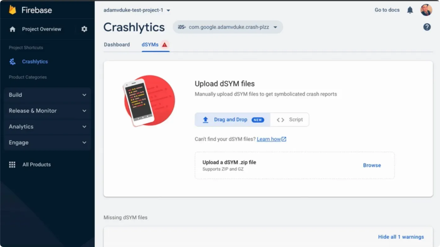 A screen recording of a user dragging and dropping a dYSM file into the Firebase Console