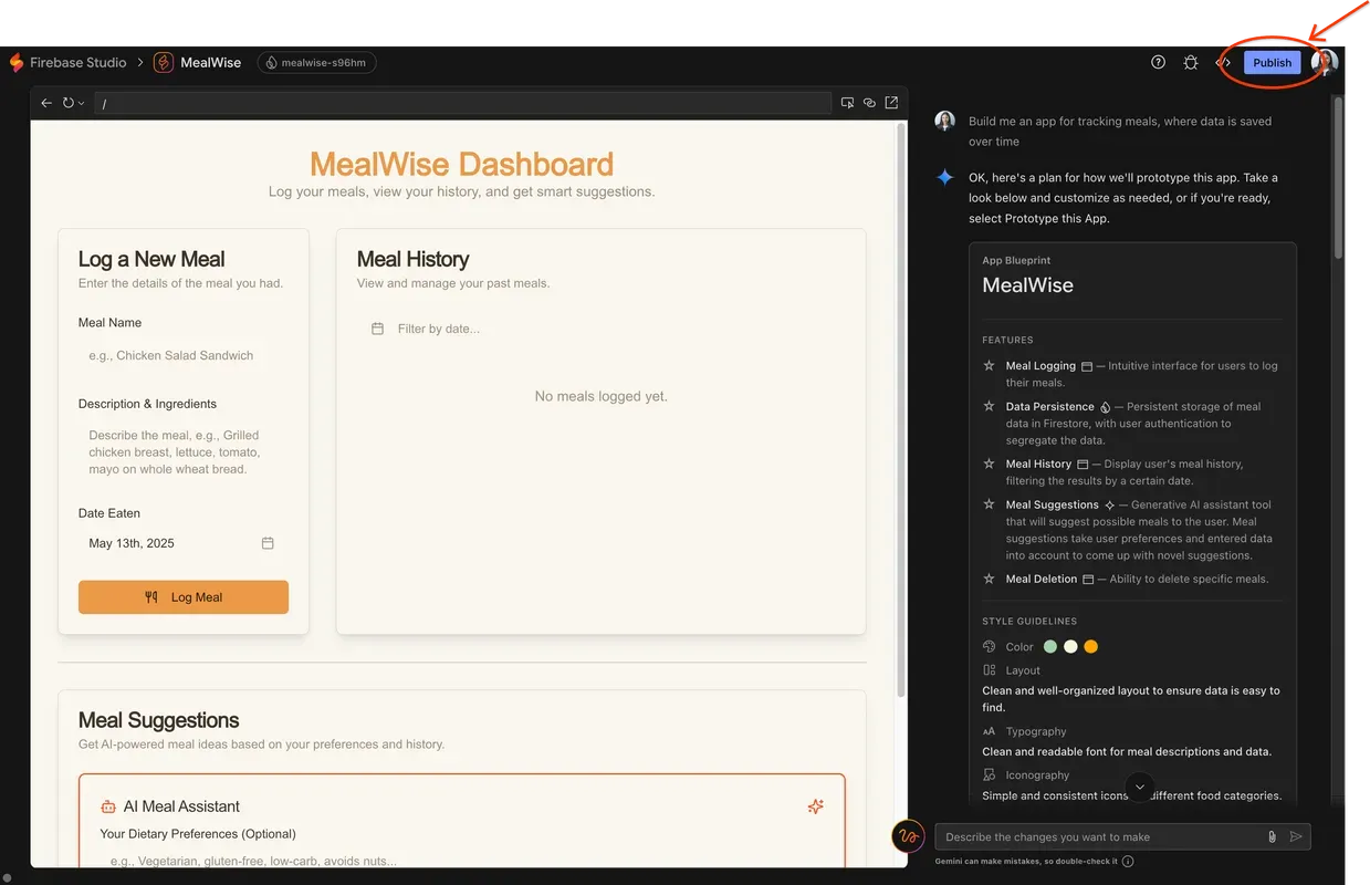 A screenshot of Firebase studio. There is a "Publish" button highlighted in the top right corner.
