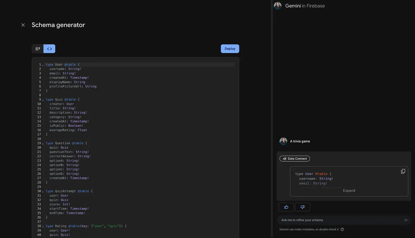 The Data Connect schema generator screen in code view