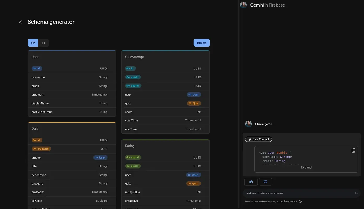 The Data Connect schema generator screen in table view