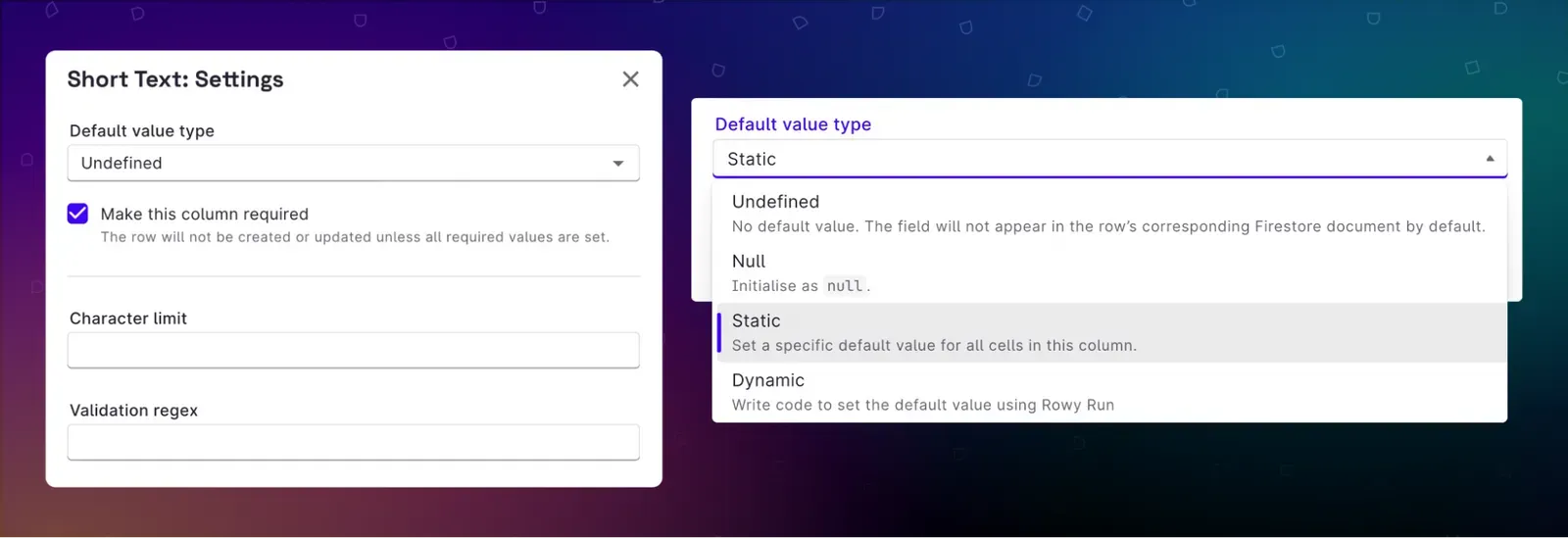 Required and default value options for Firestore fields