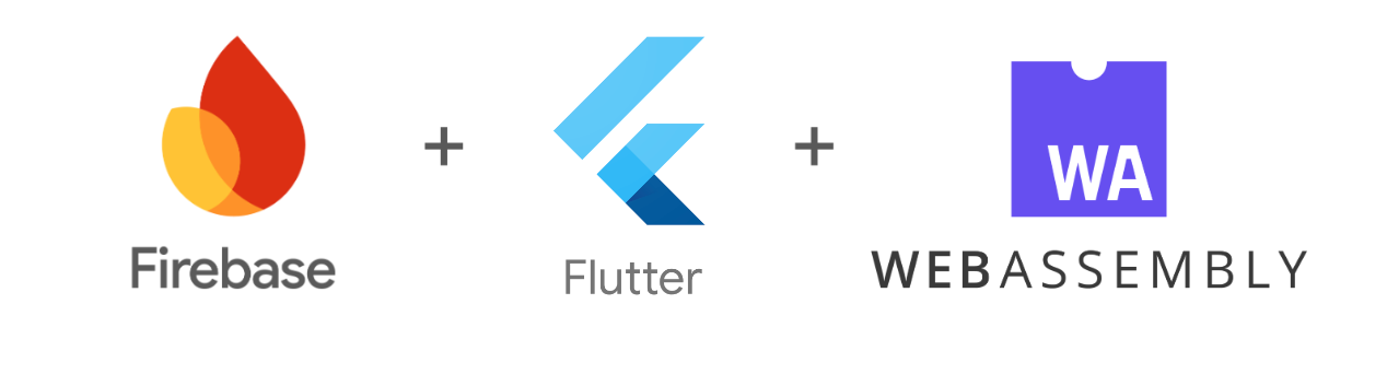 Firebase, Flutter and WebAssembly logos
