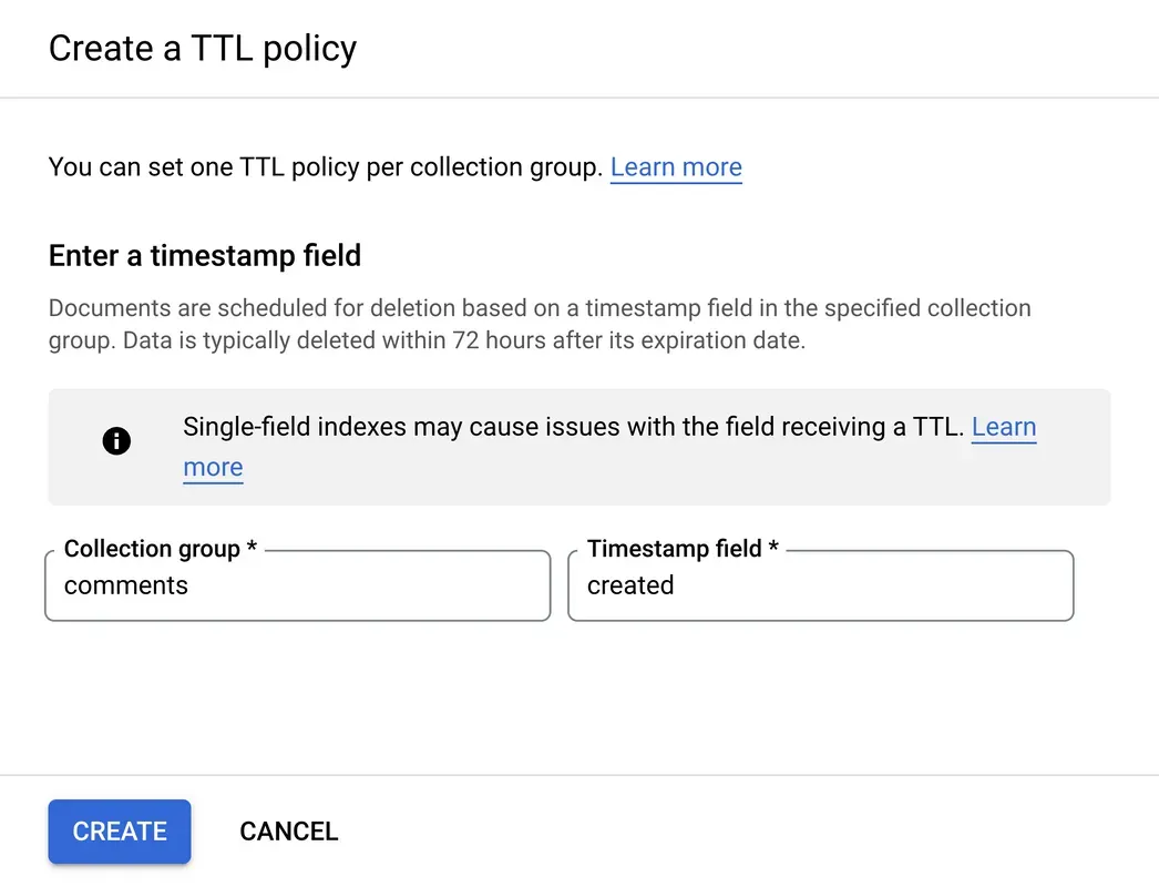 A screenshot of the Google Cloud Console's TTL policy editor.