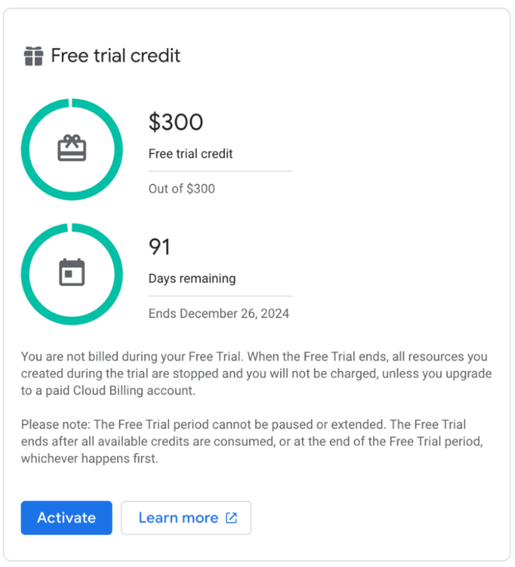 Activation UI for Free Trial credits.