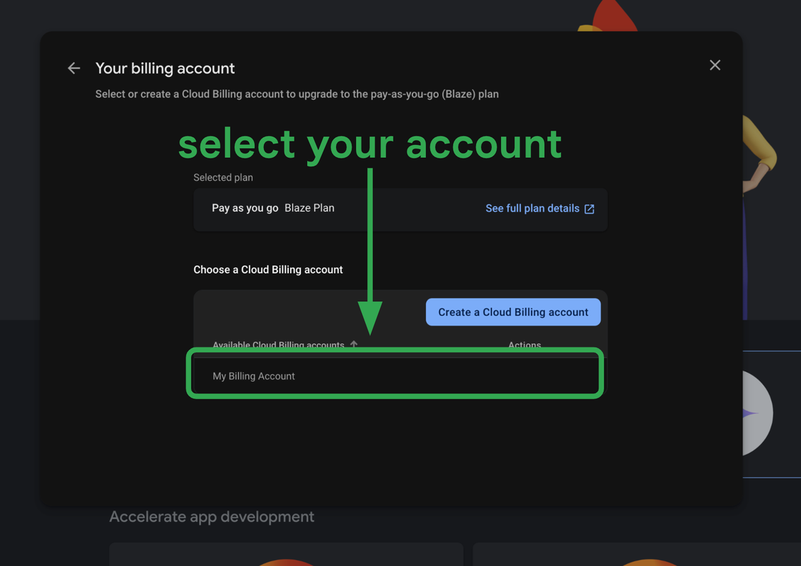 Billing account selection in the Firebase console.