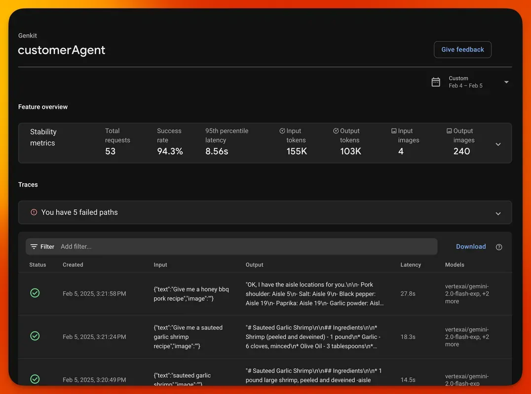 Genkit monitoring feature details