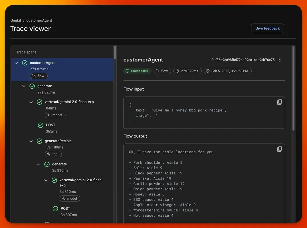 Genkit monitoring trace viewer