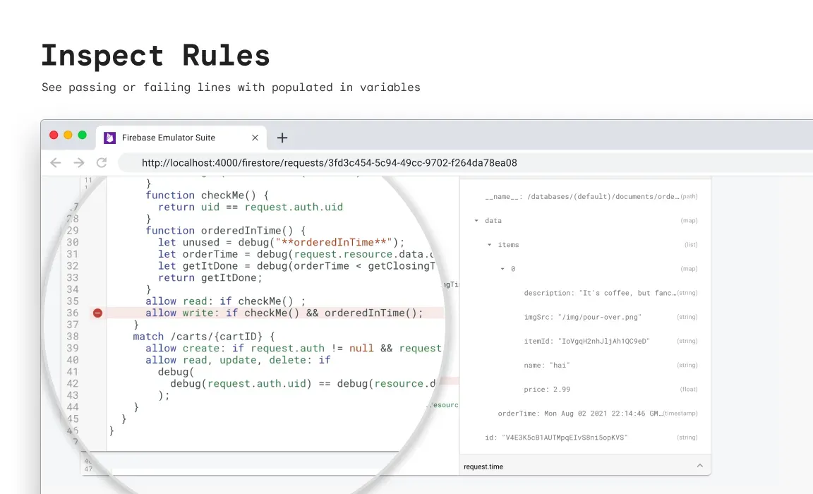 Image of Firestore Emulator Suite Inspect Rules code snippet with text saying Inspect Rules. See passing or failing lines with populated in variables