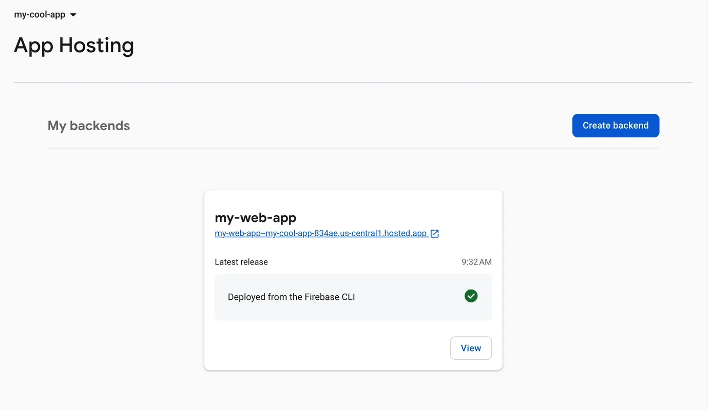 A screenshot of the App Hosting page of the Firebase console with a backend whose latest release status is "Deployed from the Firebase CLI" with a green check mark.