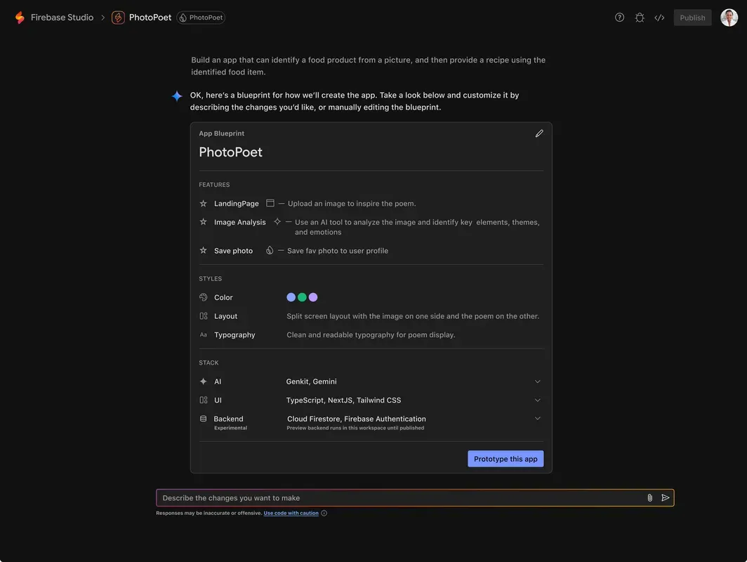A screenshot showing Firebase Studio proposing a plan for an photo-to-recipe app. It proposes using Cloud Firestore and Firebase Authentication for the backend.