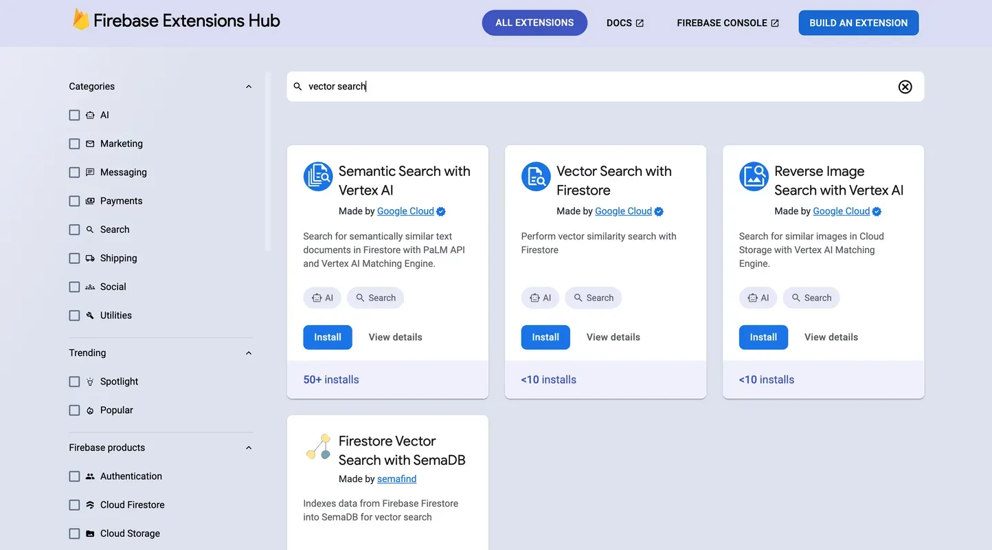 Screenshot of vector search on Firebase Extensions Hub