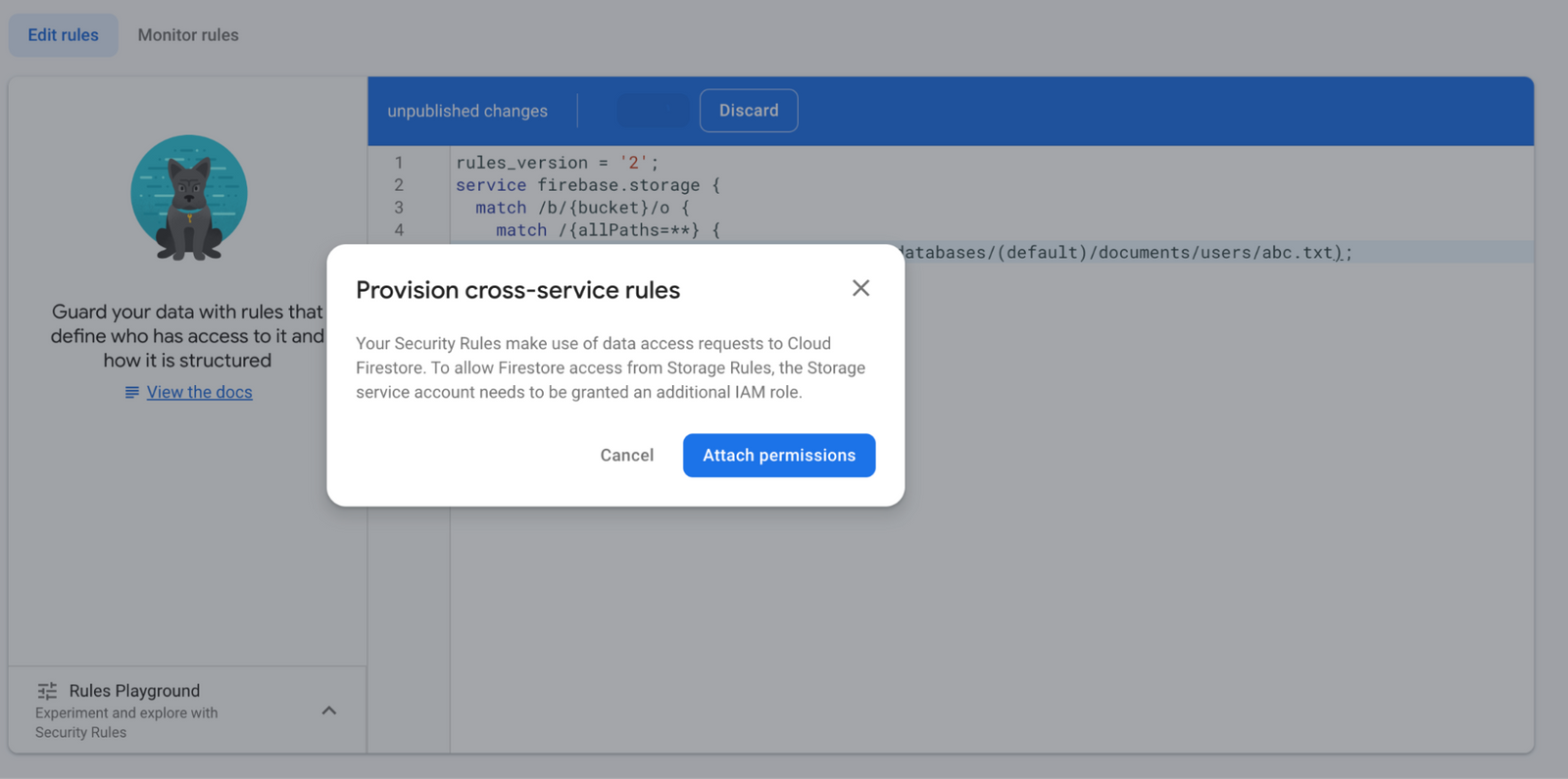 Provision cross-service rules permissions
