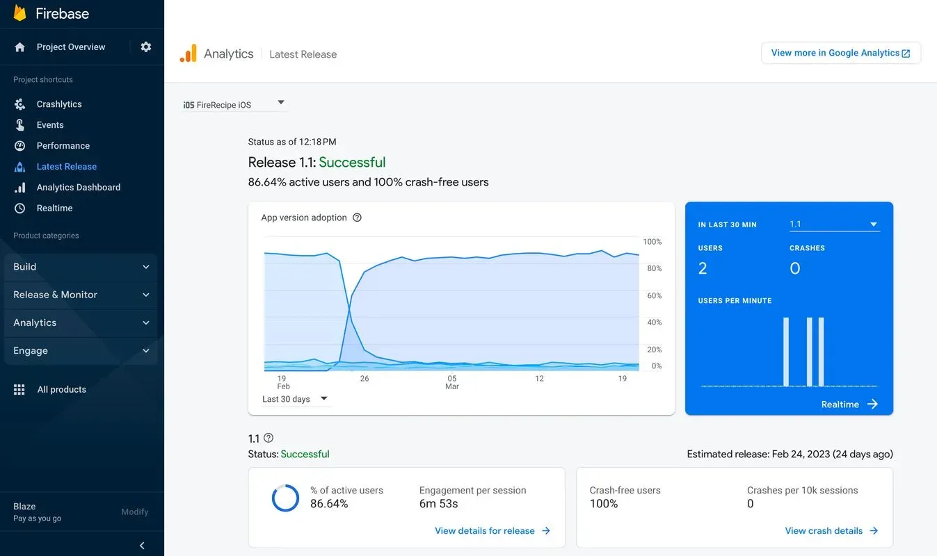 Google Analytics Latest Release page on the Firebase console