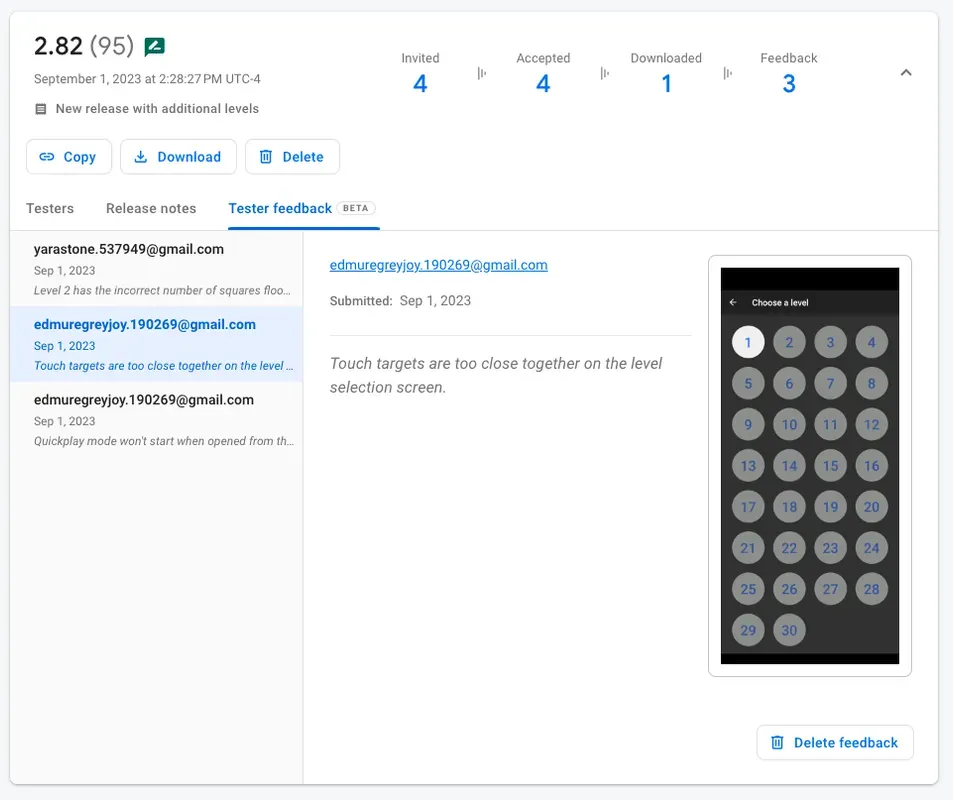 Screenshot of the Firebase console showing feedback for an app grouped by its release version under the "Tester feedback" tab