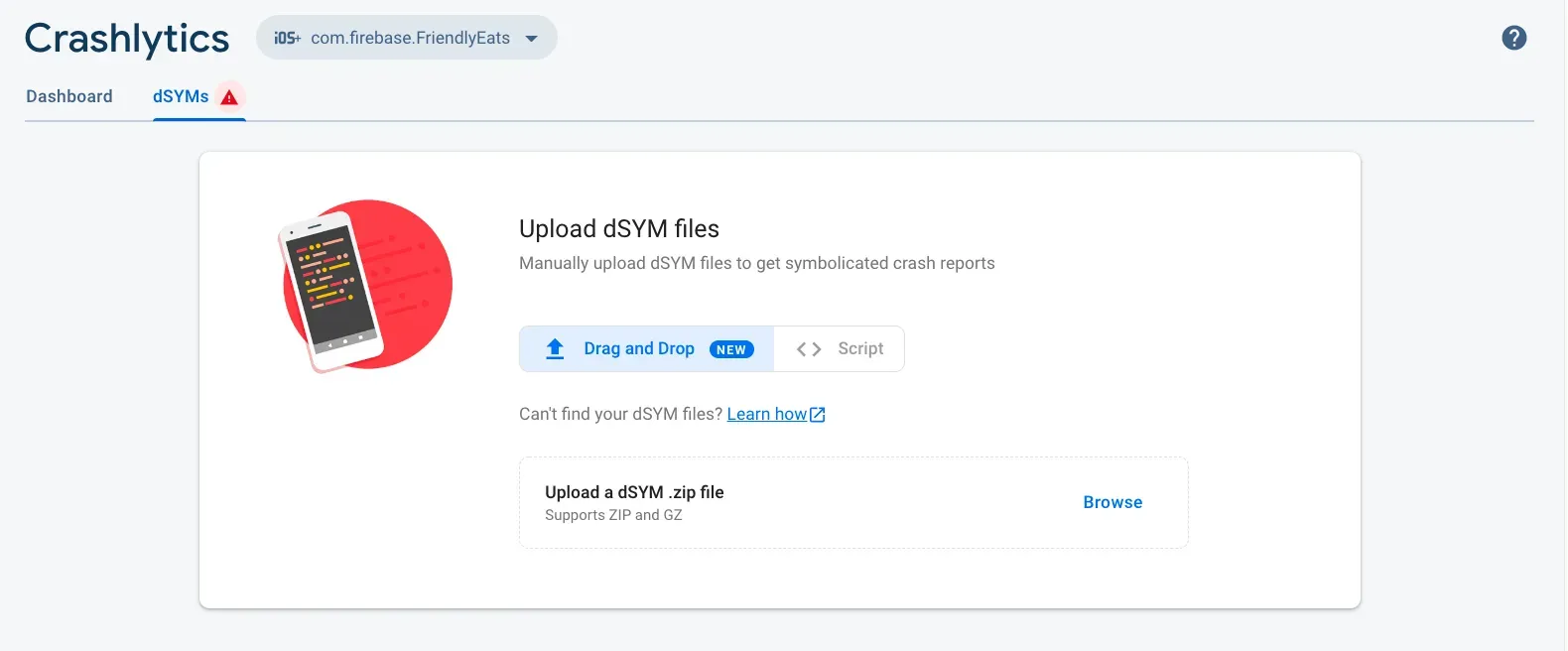 Screen capture showing the new dSYM file drag and drop feature in the Crashlytics dashboard