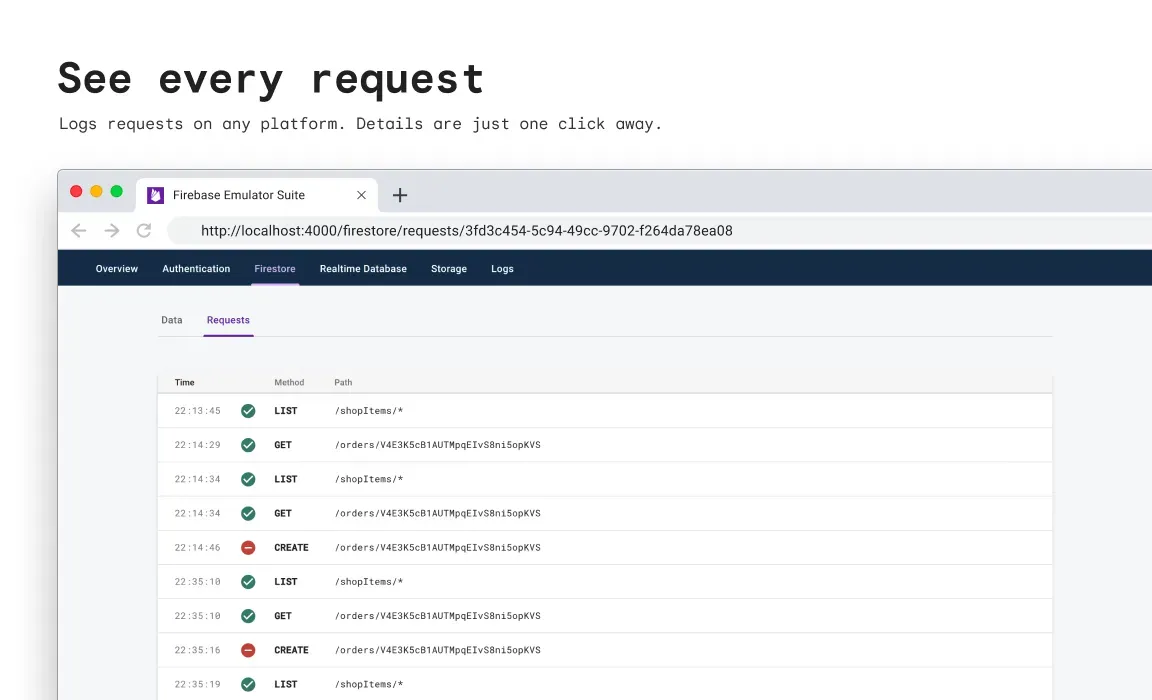Image of Firestore Emulator Suite with text saying See Every Request. Logs requests on any platform. Details are just one click away