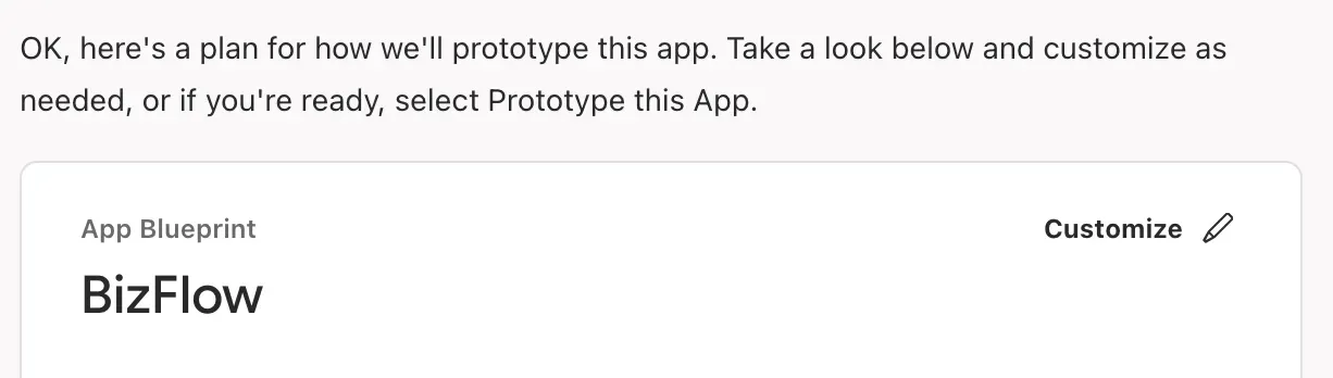 A screenshot of the blueprint for an app called BizFlow. There is a "Customize" button with a pencil icon.