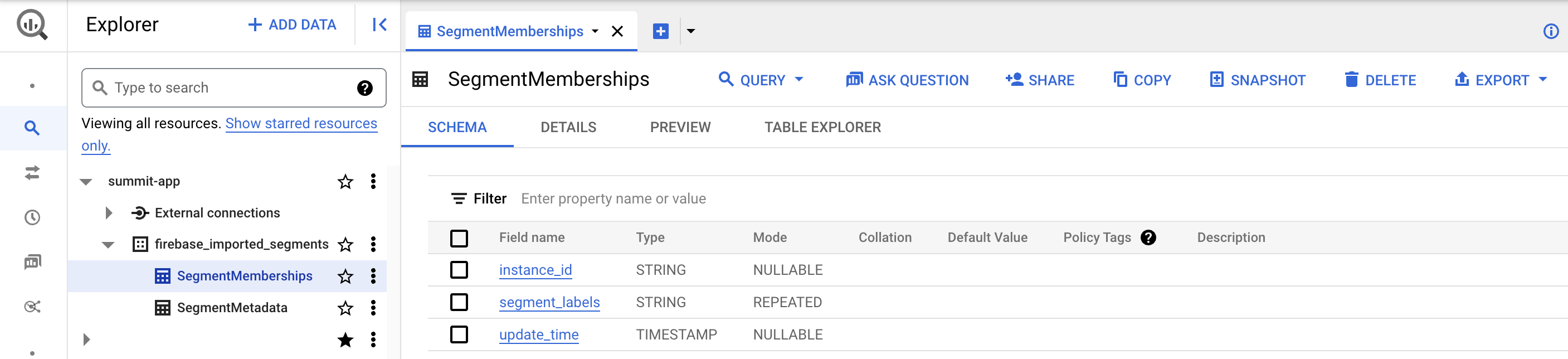 In BigQuery, you will see your data set and the table’s data models so you can query accordingly.