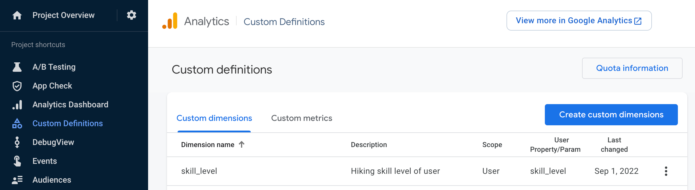 You can then view your custom dimensions in the custom definitions dashboard.