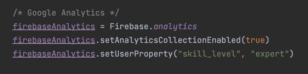 To set a user property in code, import Google Analytics and use setUserProperty().