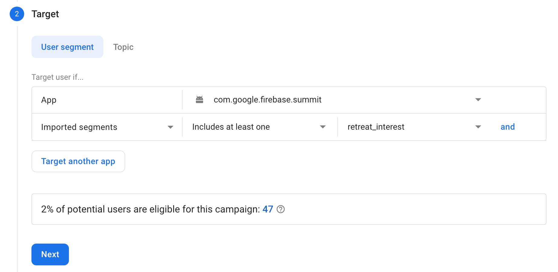 When setting up your FCM campaign, you can pick to target your users using Imported segments and choose the segment you want to target.