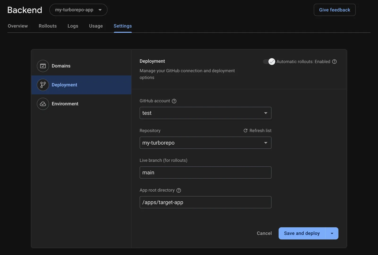 The Settings tab of the App Hosting console, with the Deployment section selected, shows that App root directory is changed. The button says "Save and deploy".