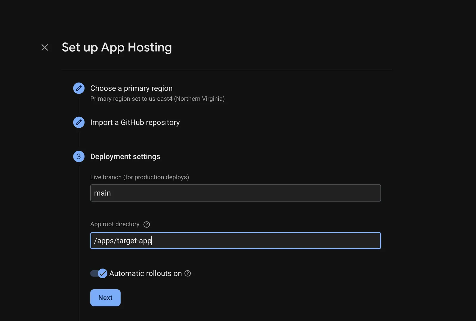In the "Set up App Hosting" flow, on the "Deployment Settings" step, the App root directory is set to "apps/target-app"